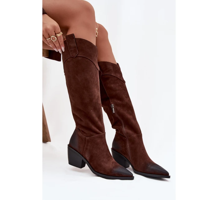 Kozačky Kovábojky Dámské Na Podpatku Z Přírodního Semiše Artiker 57C0230 Hnědé