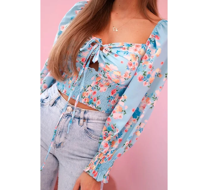 Dámská španělská halenka s květinovým vzorem, dlouhý rukáv modrý