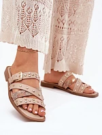 Ozdobené dámské sandály na plochém podpatku se pásky a sponou béžové Manitte