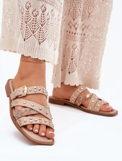 Ozdobené dámské sandály na plochém podpatku se pásky a sponou béžové Manitte