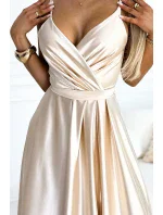 512-3 JULIET elegantní dlouhé saténové šaty s výstřihem a rozparkem na nohou - BEACH