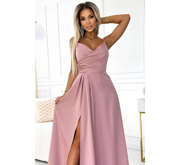 CHIARA Elegantní dlouhé dámské maxi šaty na ramínkách ve špinavě růžové barvě model 20119792 - numoco CHIARA Elegantní dlouhé dámské maxi šaty na ramínkách ve špinavě růžové barvě model 20119792 - numoco
