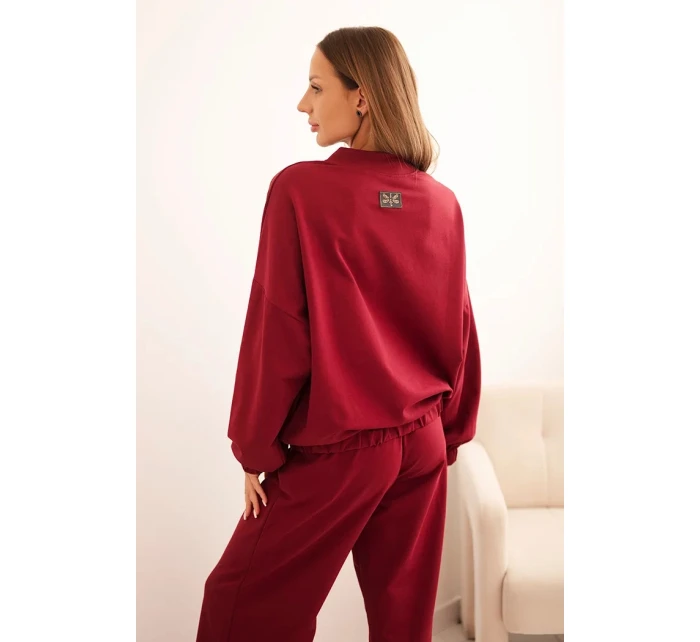 Dámský bavlněný komplet se širokými nohavicemi a mikinou na zip bordový Dámský bavlněný komplet se širokými nohavicemi a mikinou na zip bordový