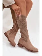 Dámské prolamované kozačky na plochém podpatku S.Barski – béžové