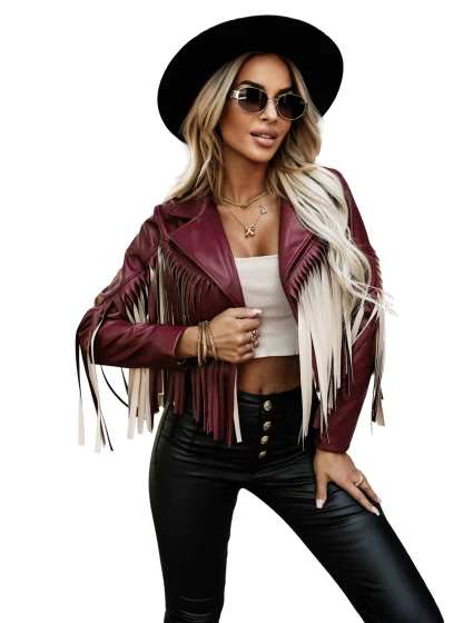 model 21337606 Krátká bunda s třásněmi z měkké ekokůže vínová - numoco basic