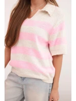 Dámský pruhovaný svetr s límečkem a krátkým rukávem béžový