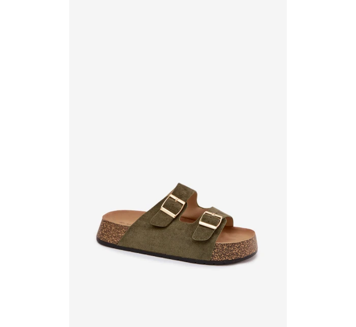 Dámské pantofle na korkové platformě se zlatými sponami Zelená Tovessa Dámské pantofle na korkové platformě se zlatými sponami Zelená Tovessa