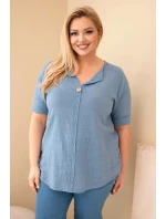 Dámská bavlněná halenka Plus Size s výstřihem na knoflíky džínová