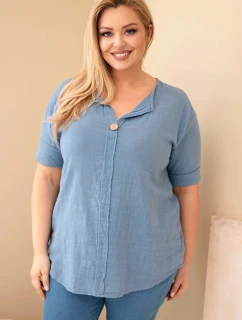 Dámská bavlněná halenka Plus Size s výstřihem na knoflíky džínová