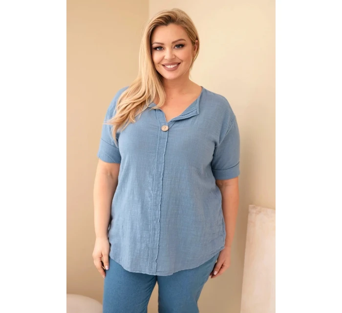 Dámská bavlněná halenka Plus Size s výstřihem na knoflíky džínová