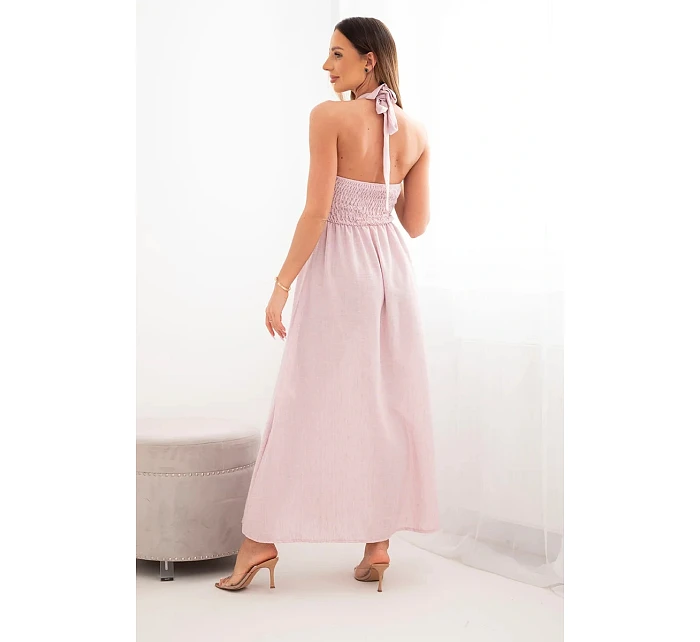 Dámské viskózové maxi šaty vázané na krku s ozdobnou sponou tmavě pudrově růžová Dámské viskózové maxi šaty vázané na krku s ozdobnou sponou tmavě pudrově růžová