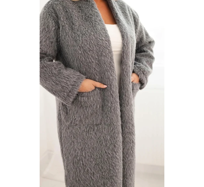 Dámský kabát Plus Size z viskózy bez zapínání s kapsami šedý Dámský kabát Plus Size z viskózy bez zapínání s kapsami šedý