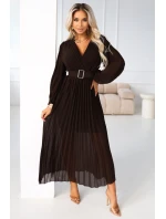 414-11 KLARA plisované elegantní midi šaty s páskem a výstřihem - čokoládové