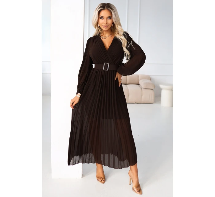 414-11 KLARA plisované elegantní midi šaty s páskem a výstřihem - čokoládové