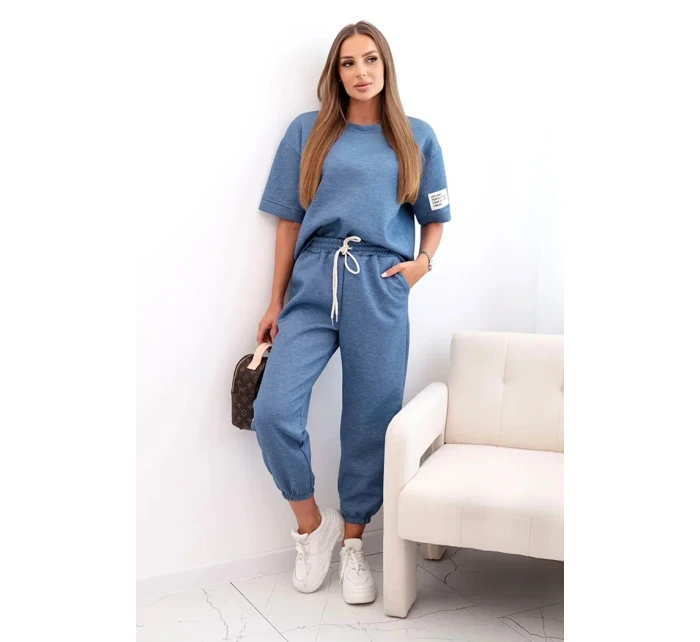 Dámský viskózový komplet s krátkým rukávem a nohavicemi džínový melír
