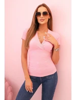 Dámská pruhovaná bavlněná blůza s model 21820455 výstřihem světle růžová - K-Fashion