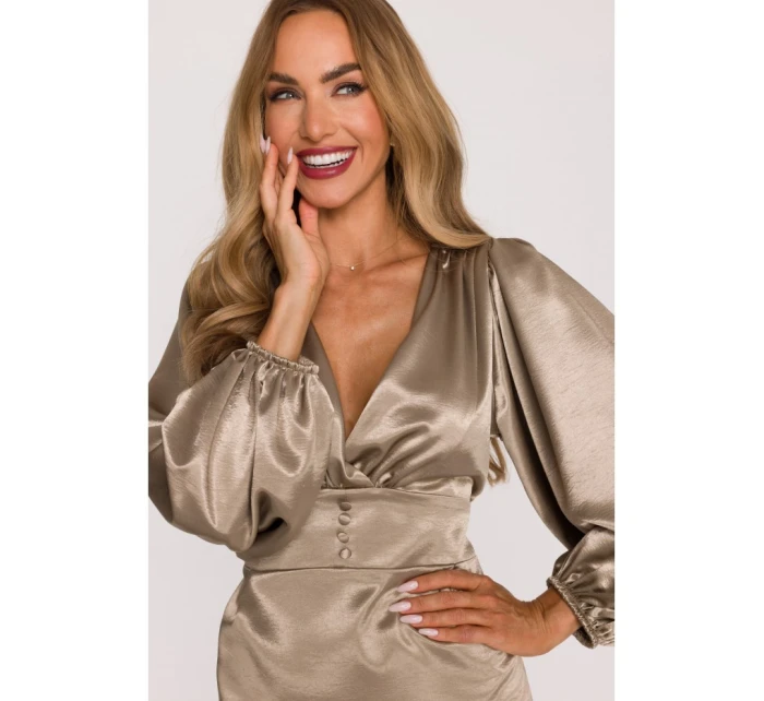 Saténové mini šaty s rukávy zlaté model 21479312 - Moe