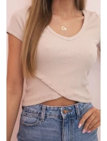 Dámská pruhovaná blůza s V výstřihem a krátkým rukávem béžová Dámská pruhovaná blůza s V výstřihem a krátkým rukávem béžová