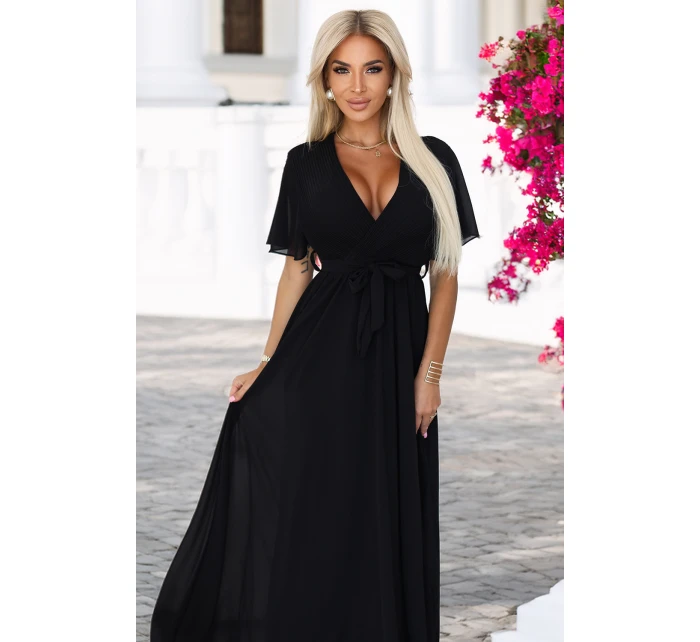 545-5 Dlouhé šaty se skládaným výstřihem a vázáním - ČERNÁ
