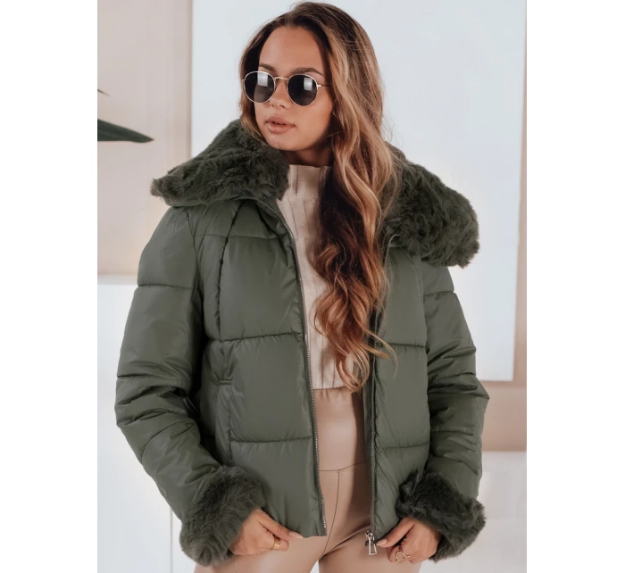 Dámská prošívaná krátká bunda s kožešinou zelená FashionStreet TY5068