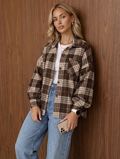 Dámská košilová bunda s kostkovaným vzorem, oversize, hnědá, FashionStreet TY6049