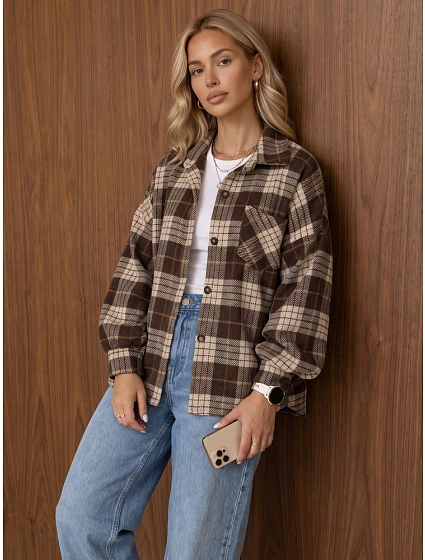 Dámská košilová bunda s kostkovaným vzorem, oversize, hnědá, FashionStreet TY6049 Dámská košilová bunda s kostkovaným vzorem, oversize, hnědá, FashionStreet TY6049