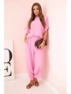 Komplet z viskózy halenka + kalhoty světle růžová