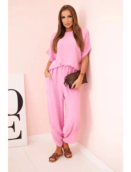 Komplet z viskózy halenka + kalhoty světle růžová