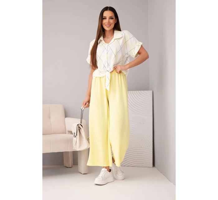 Dámský komplet viskózová košile s vázáním a kalhoty s gumou žlutý