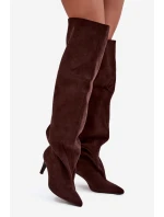 Dámské kozačky na jehlovém podpatku, vsuvné Mavilla – čokoládové