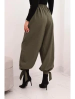 Dámské kalhoty s širokým nohavicí a vázáním dole khaki Dámské kalhoty s širokým nohavicí a vázáním dole khaki