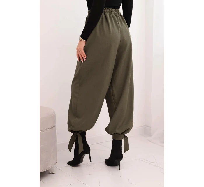 Dámské kalhoty s širokým nohavicí a vázáním dole khaki Dámské kalhoty s širokým nohavicí a vázáním dole khaki