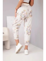 Dámské viskózové květinové kalhoty s páskem béžové