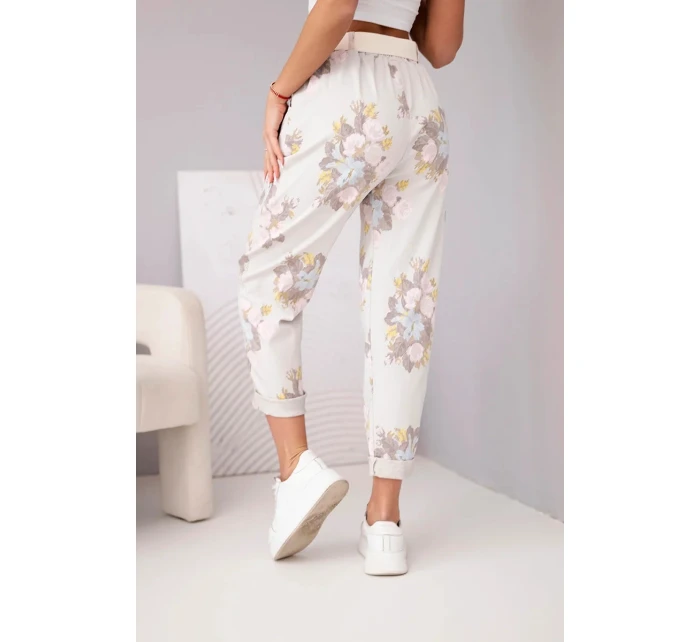 Dámské viskózové květinové kalhoty s páskem béžové