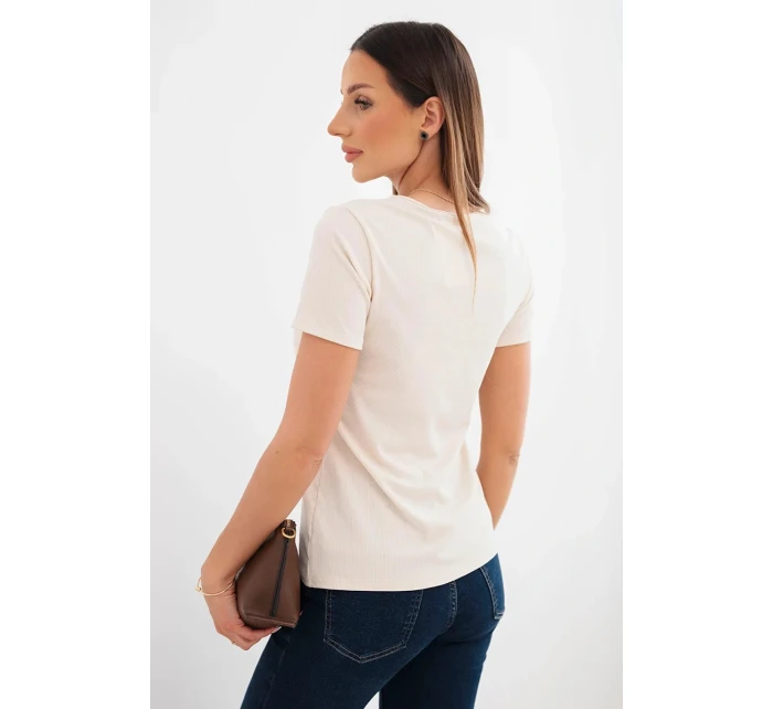 Dámská viskózová žebrovaná halenka s ozdobným výstřihem v dekoltu béžová