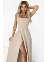 dlouhé šaty s rozparkem a výstřihem typu béžové s brokátem model 21310320 - numoco dlouhé šaty s rozparkem a výstřihem typu béžové s brokátem model 21310320 - numoco