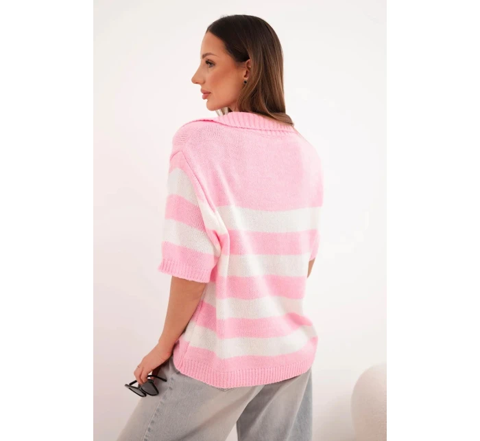 Dámský pruhovaný svetr s límečkem a krátkým rukávem růžový jasný