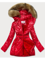 Lesklá červená zimní bunda s mechovitým kožíškem (W756)