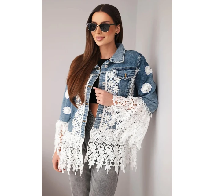 Dámská džínová bunda bavlněná s květinovou krajkou a třásněmi tmavě džínová