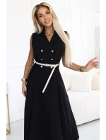 model 21212554 Elegantní midi košilka se zlatými knoflíky a páskem ČERNÁ - numoco basic