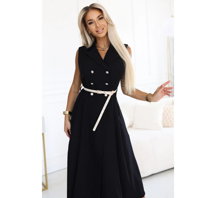 model 21212554 Elegantní midi košilka se zlatými knoflíky a páskem ČERNÁ - numoco basic