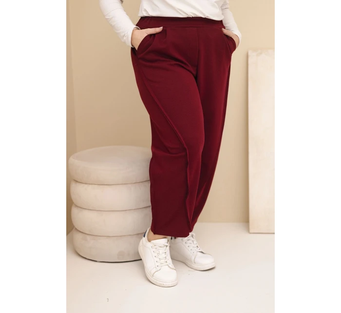 Dámské bavlněné kalhoty Plus Size volného střihu s vysokým pasem bordové Dámské bavlněné kalhoty Plus Size volného střihu s vysokým pasem bordové