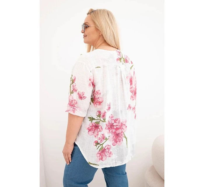 Dámská bavlněná halenka Plus Size s výstřihem do V s květinovým vzorem bílá