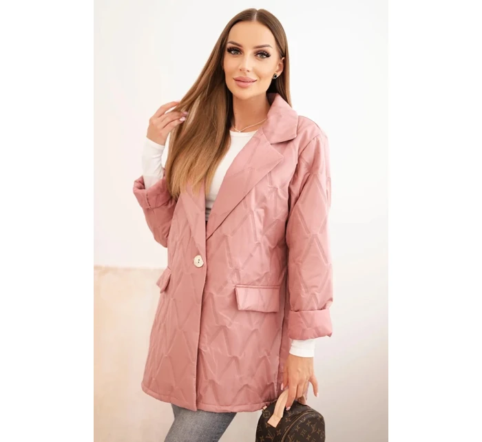 Dámská bunda Plus Size prošívaná s límcem a knoflíkem tmavě růžová