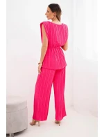 Dámský viskózový komplet s halenkou a širokými kalhotami růžový model 22025284 - K-Fashion Dámský viskózový komplet s halenkou a širokými kalhotami růžový model 22025284 - K-Fashion