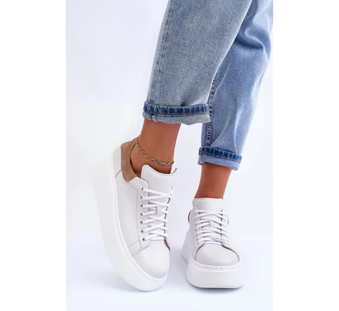 Dámské sportovní kožené boty na platformě Bílá Lemar 10150