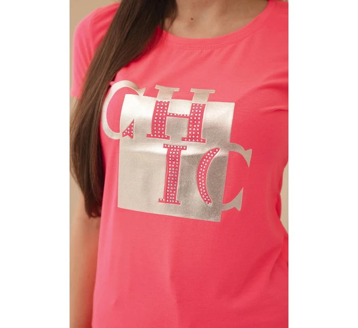 Dámské bavlněné tričko s potiskem CHIC růžový neon Dámské bavlněné tričko s potiskem CHIC růžový neon