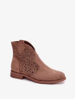 Dámské perforované kotníkové boty na nízkém podpatku model 21961100 Hnědé - S.Barski