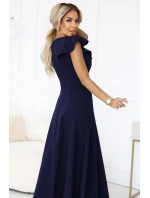 Elegantní maxi šaty s hlubokým výstřihem a rozparkem na nohou tmavě modré model 21861000 - numoco