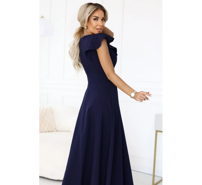Elegantní maxi šaty s hlubokým výstřihem a rozparkem na nohou tmavě modré model 21861000 - numoco
